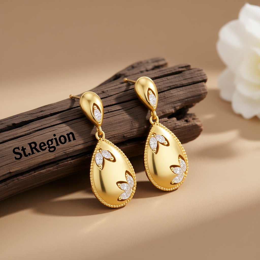 Crystal and 18K Gold-Plated Flower Teardrop Earrings, gold drop earrings for women, dainty minimalist design, front view