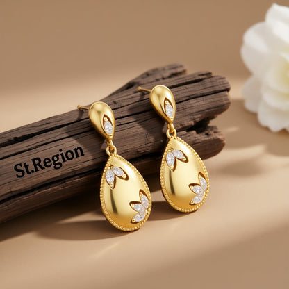 Crystal and 18K Gold-Plated Flower Teardrop Earrings, gold drop earrings for women, dainty minimalist design, front view