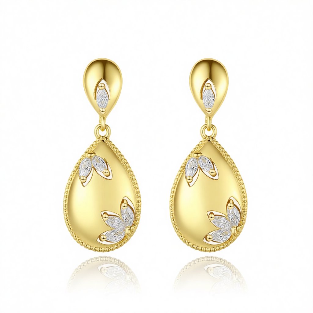 Crystal and 18K Gold-Plated Flower Teardrop Earrings, gold drop earrings for women, dainty minimalist design, side view