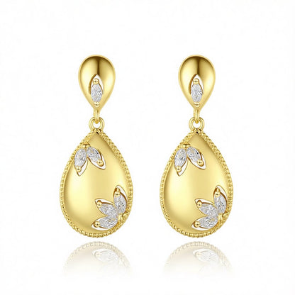 Crystal and 18K Gold-Plated Flower Teardrop Earrings, gold drop earrings for women, dainty minimalist design, side view