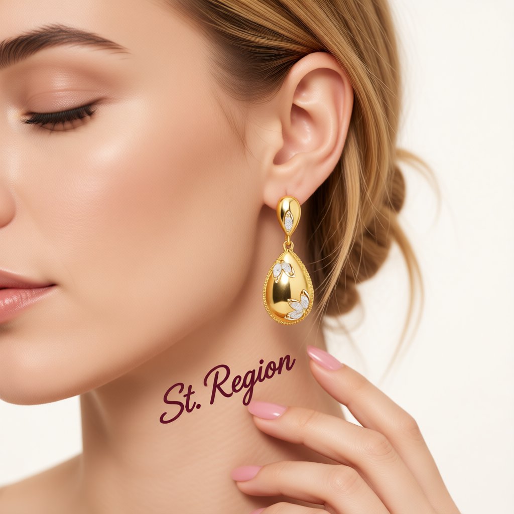 Crystal and 18K Gold-Plated Flower Teardrop Earrings, gold drop earrings for women, dainty minimalist design, styled look