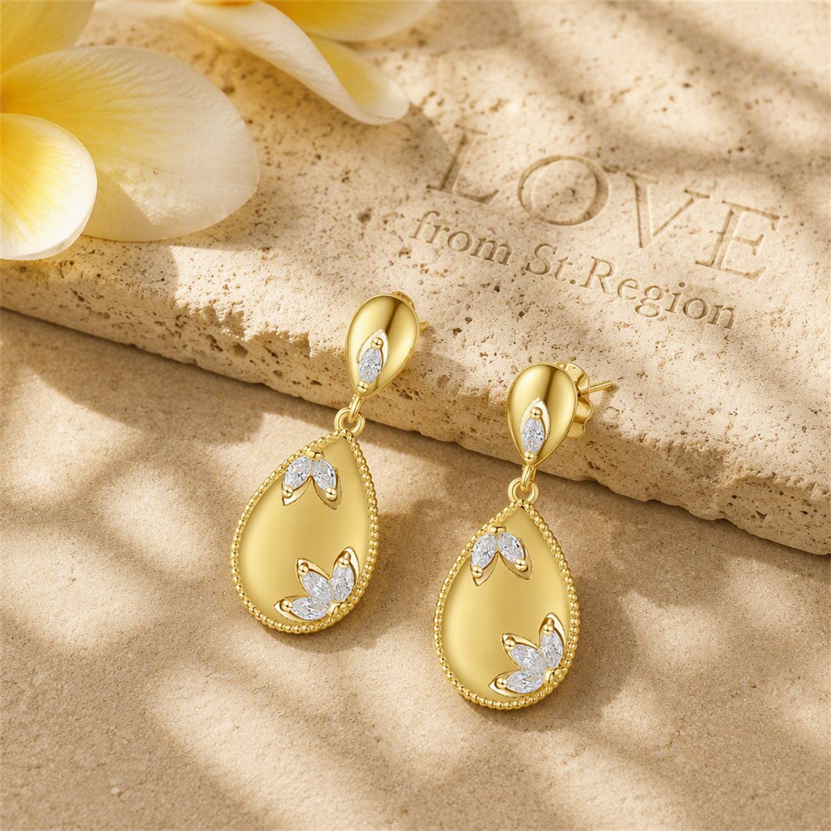 Crystal and 18K Gold-Plated Flower Teardrop Earrings, gold drop earrings for women, dainty minimalist design, lifestyle look