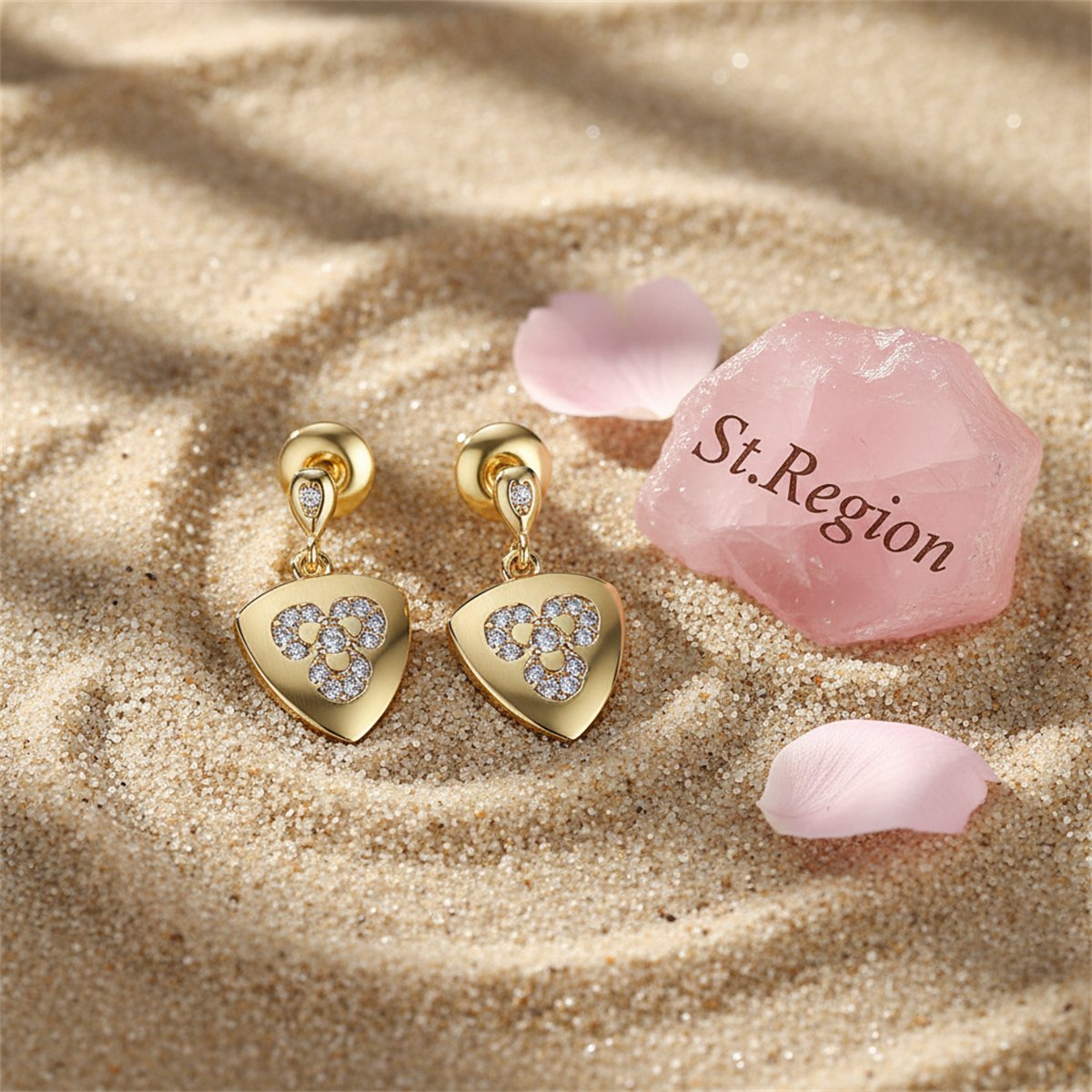 Cubic Zirconia and 18K Gold-Plated Flower Shield Drop Earrings, gold drop earrings for women, detail close-up