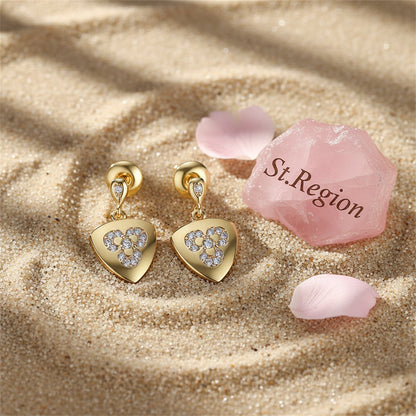 Cubic Zirconia and 18K Gold-Plated Flower Shield Drop Earrings, gold drop earrings for women, detail close-up