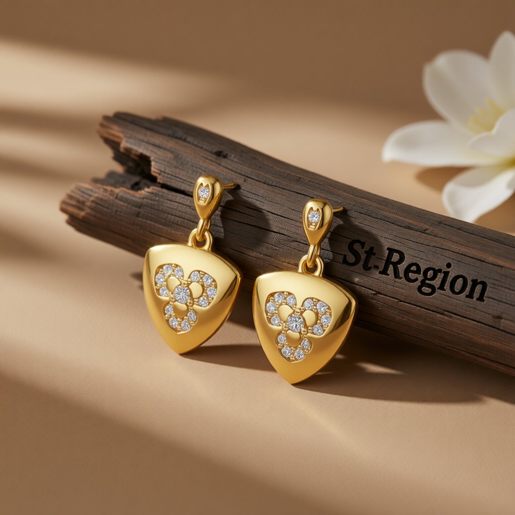 Cubic Zirconia and 18K Gold-Plated Flower Shield Drop Earrings, gold drop earrings for women, botanical inspired, front view