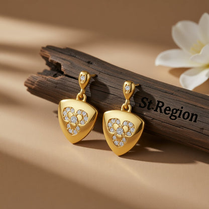 Cubic Zirconia and 18K Gold-Plated Flower Shield Drop Earrings, gold drop earrings for women, botanical inspired, front view