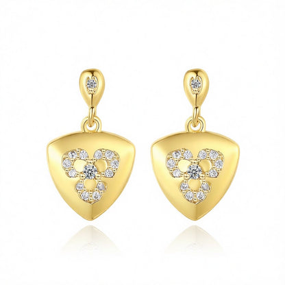 Cubic Zirconia and 18K Gold-Plated Flower Shield Drop Earrings, gold drop earrings for women, botanical inspired, side view