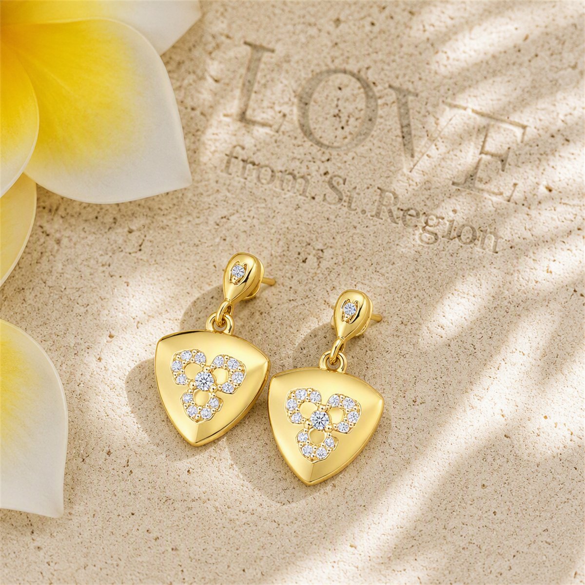 Cubic Zirconia and 18K Gold-Plated Flower Shield Drop Earrings, gold drop earrings for women, lifestyle look