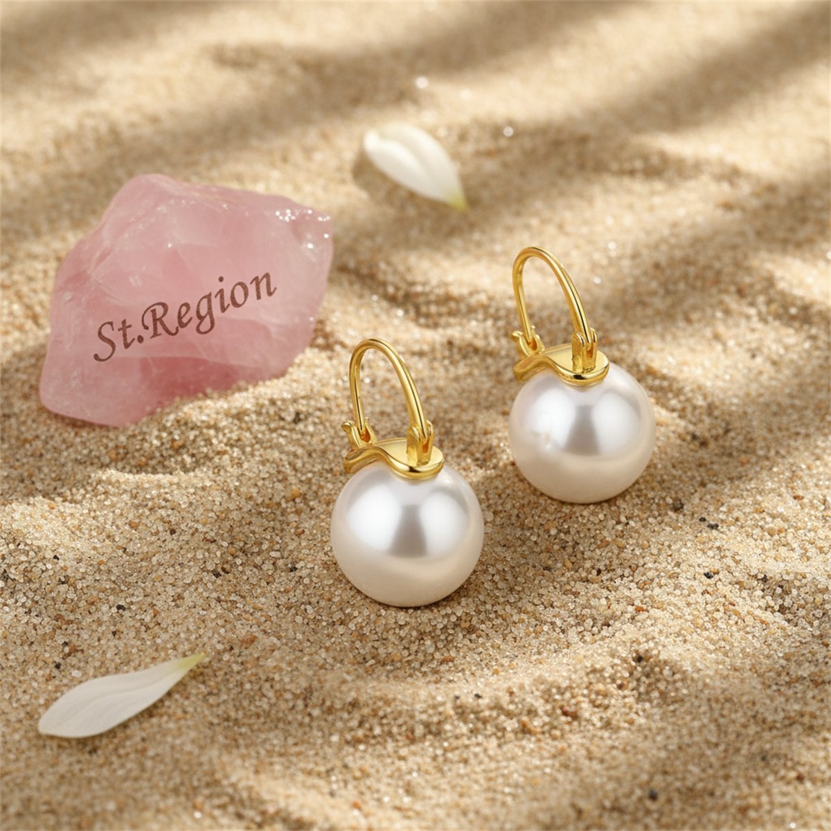 Pearl and 18K Gold-Plated Round Huggie Earrings, gold huggie earrings, vintage-inspired design, detail close-up