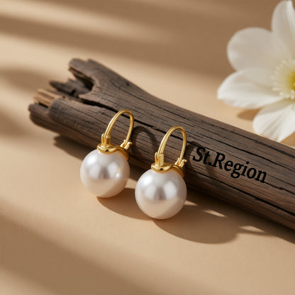 Pearl and 18K Gold-Plated Round Huggie Earrings, gold huggie earrings, vintage-inspired design, front view