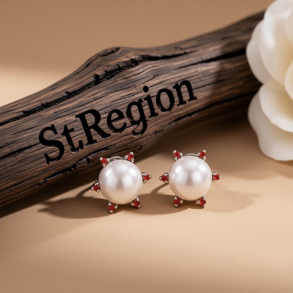 Red Cubic Zirconia and Pearl Round Stud Earrings, cubic zirconia stud earrings for women, front view