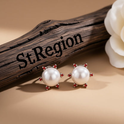 Red Cubic Zirconia and Pearl Round Stud Earrings, cubic zirconia stud earrings for women, front view