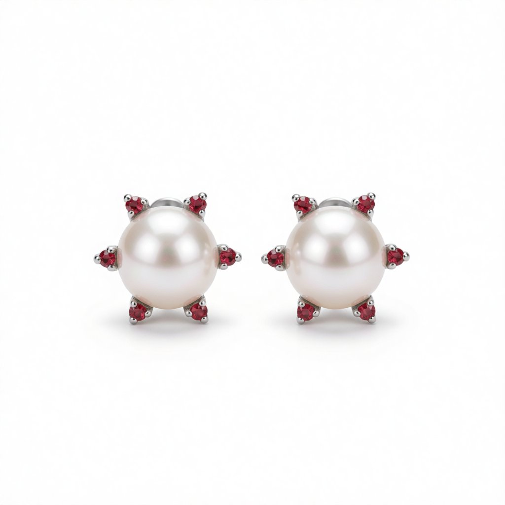 Red Cubic Zirconia and Pearl Round Stud Earrings, cubic zirconia stud earrings for women, dainty minimalist design, side view