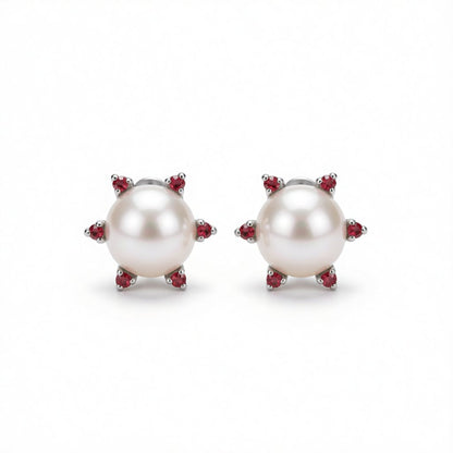 Red Cubic Zirconia and Pearl Round Stud Earrings, cubic zirconia stud earrings for women, dainty minimalist design, side view