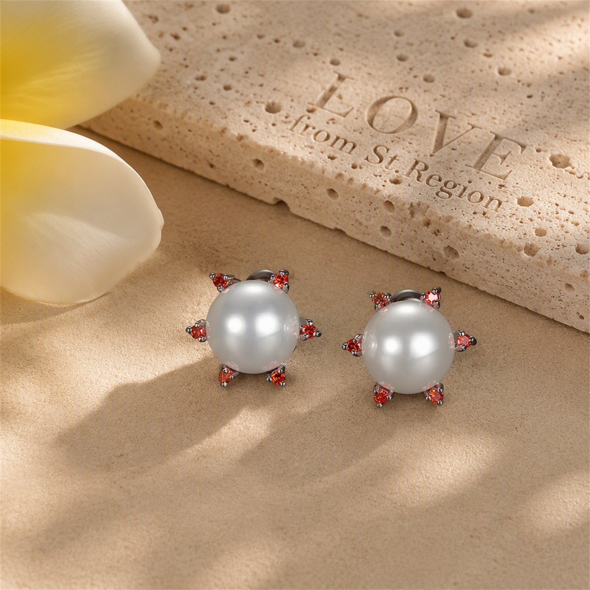 Red Cubic Zirconia and Pearl Round Stud Earrings, cubic zirconia stud earrings for women, lifestyle look