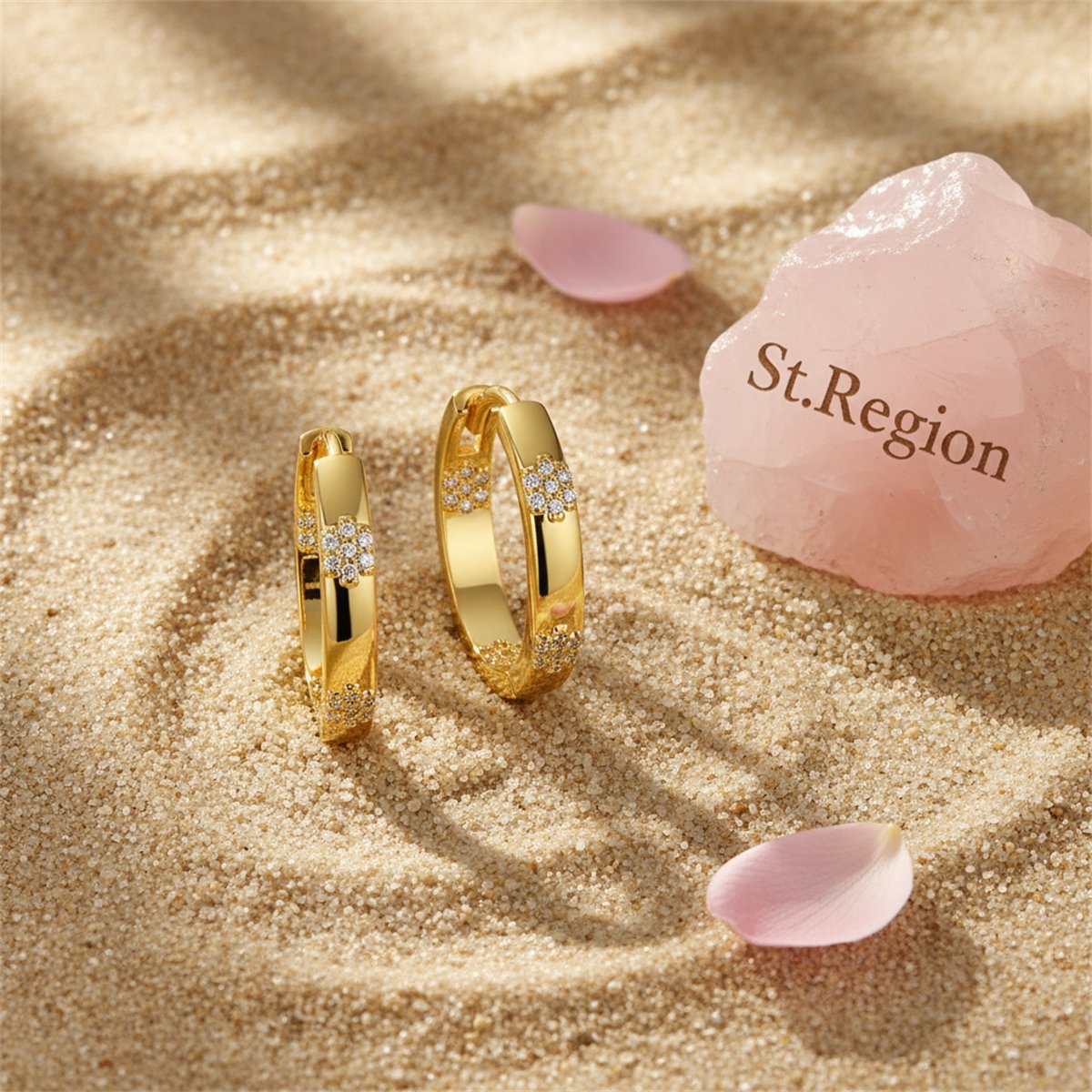Cubic Zirconia and 18K Gold-Plated Flower Hoop Earrings, gold huggie earrings, dainty minimalist design, detail close-up