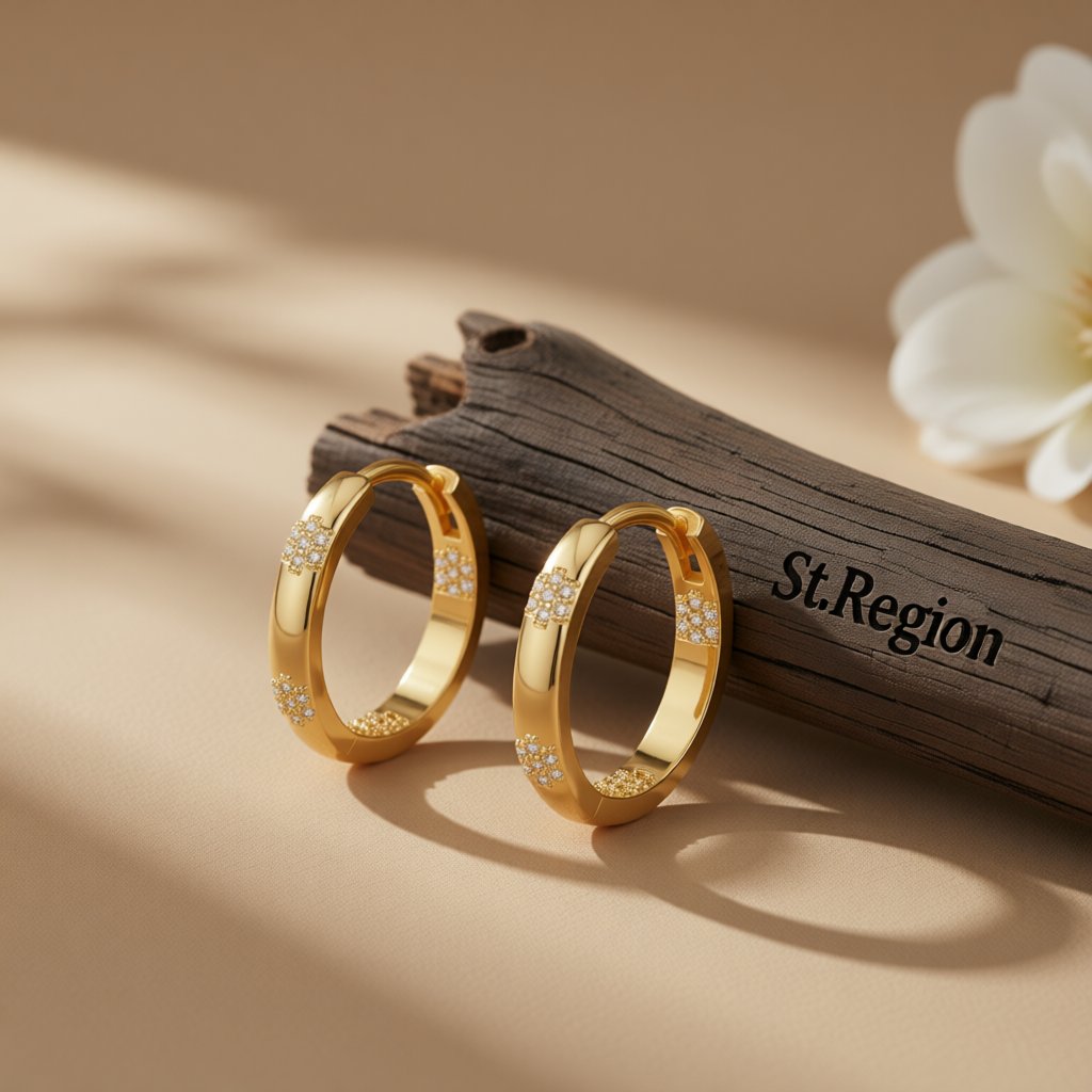 Cubic Zirconia and 18K Gold-Plated Flower Hoop Earrings, gold huggie earrings, dainty minimalist design, front view