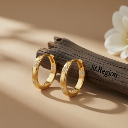 Cubic Zirconia and 18K Gold-Plated Flower Hoop Earrings, gold huggie earrings, dainty minimalist design, front view