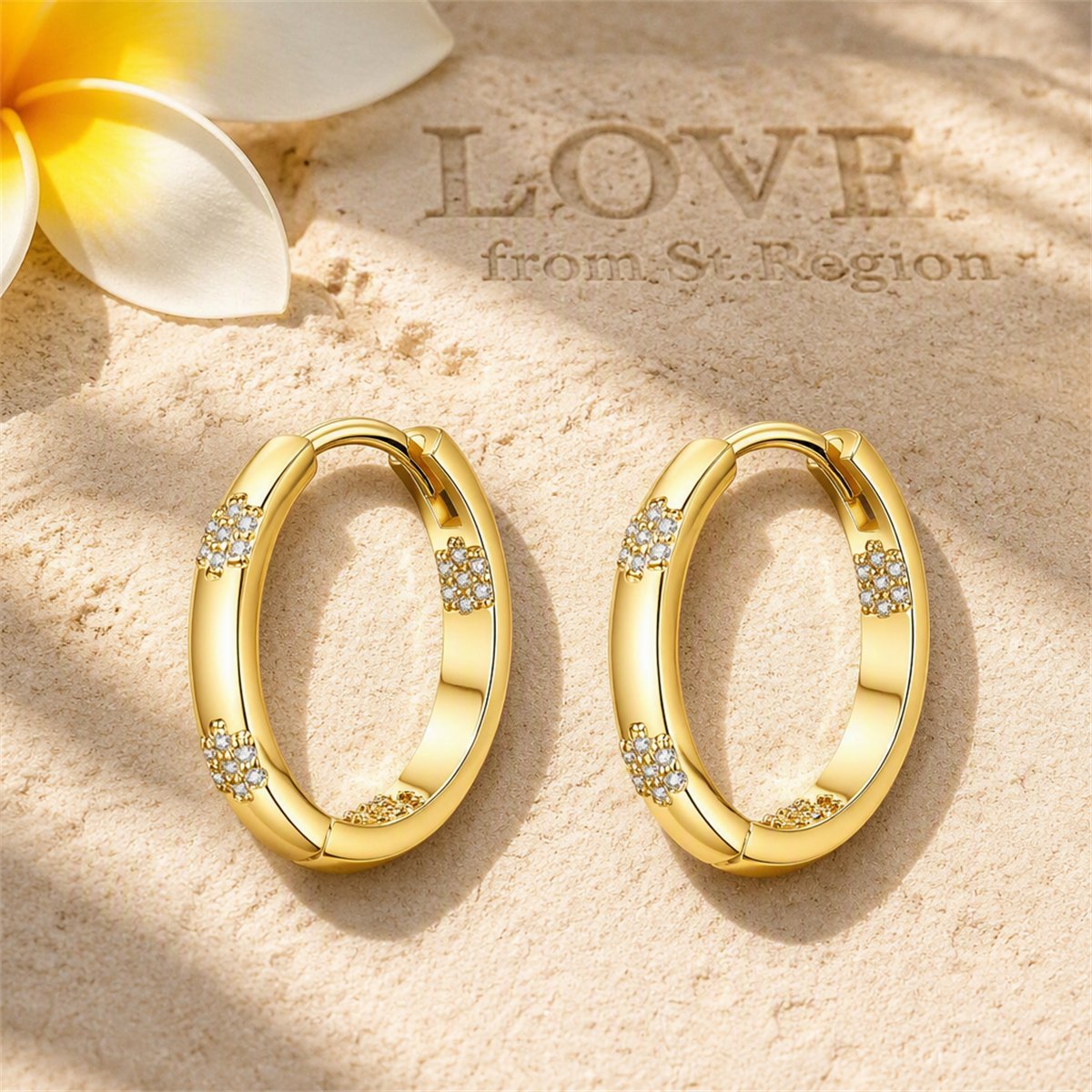 Cubic Zirconia and 18K Gold-Plated Flower Hoop Earrings, gold huggie earrings, dainty minimalist design, lifestyle look