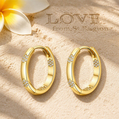 Cubic Zirconia and 18K Gold-Plated Flower Hoop Earrings, gold huggie earrings, dainty minimalist design, lifestyle look