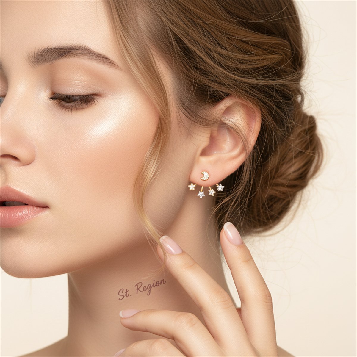 Crystal and 18K Gold-Plated Moon and Star Ear Jackets, dainty minimalist design, styled look