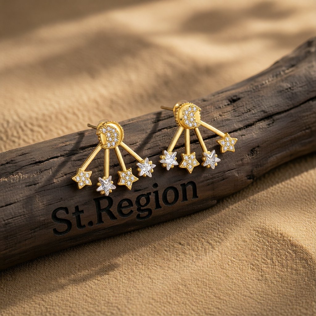 Crystal and 18K Gold-Plated Moon and Star Ear Jackets, dainty minimalist design, front view