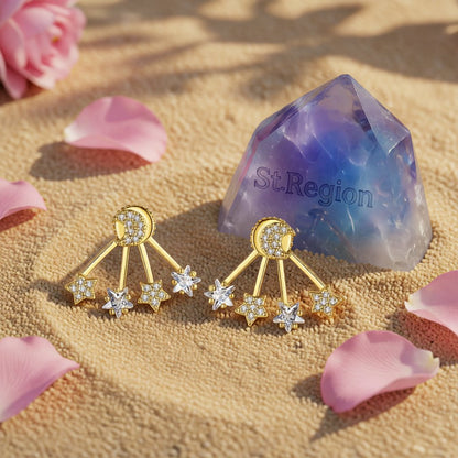 Crystal and 18K Gold-Plated Moon and Star Ear Jackets, dainty minimalist design, detail close-up