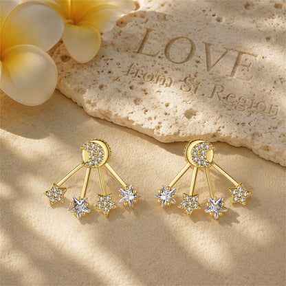 Crystal and 18K Gold-Plated Moon and Star Ear Jackets, dainty minimalist design, lifestyle look