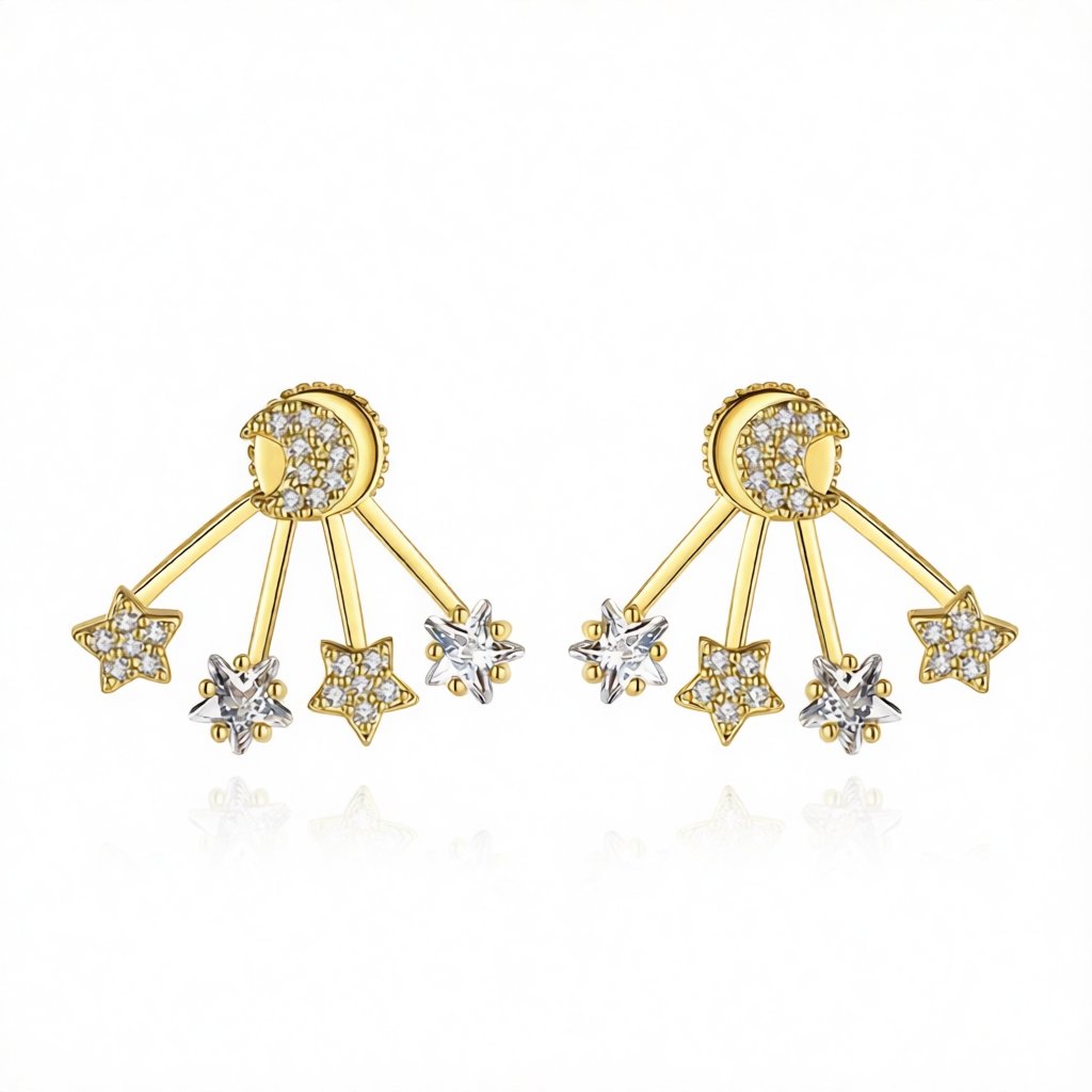Crystal and 18K Gold-Plated Moon and Star Ear Jackets, dainty minimalist design, side view