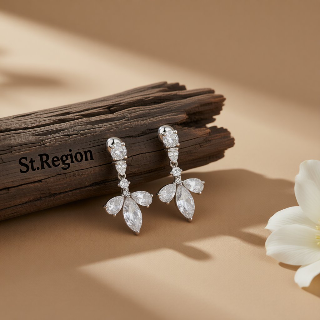 Crystal and Cubic Zirconia Leaf Drop Earrings, drop earrings for women, elegant gift for her, front view