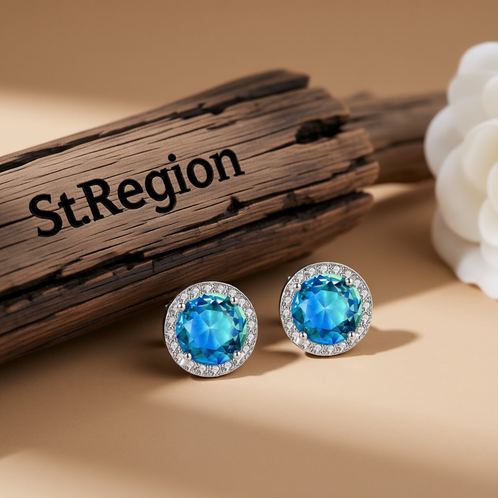 Blue Crystal and Cubic Zirconia Multicolor Halo Round Stud Earrings, stud earrings for women, front view