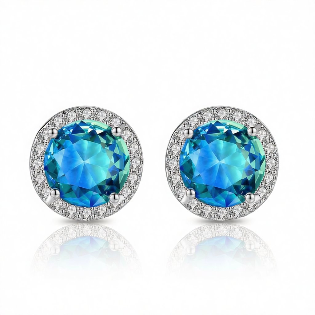 Blue Crystal and Cubic Zirconia Multicolor Halo Round Stud Earrings, stud earrings for women, side view