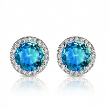 Blue Crystal and Cubic Zirconia Multicolor Halo Round Stud Earrings, stud earrings for women, side view