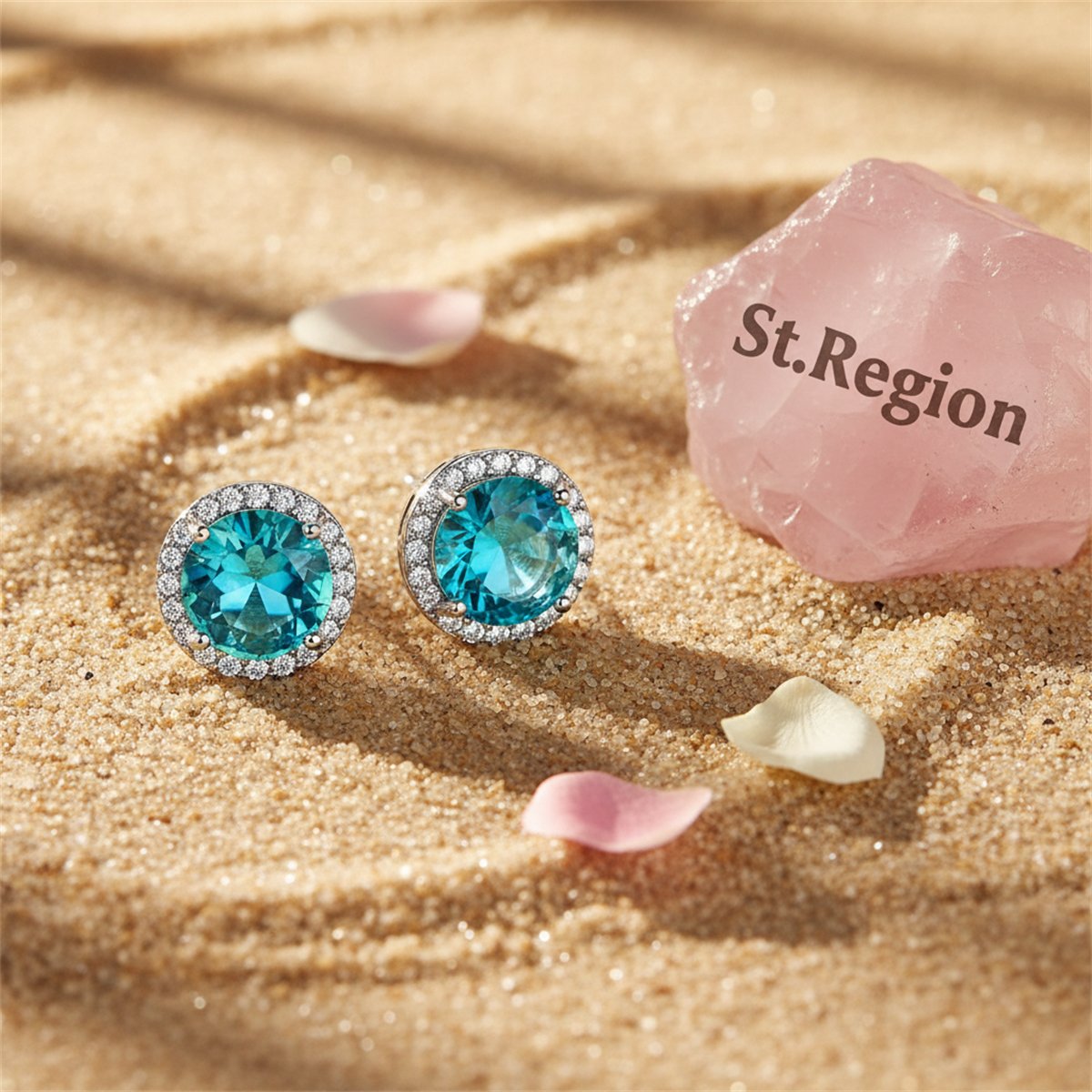Blue Crystal and Cubic Zirconia Multicolor Halo Round Stud Earrings, stud earrings for women, detail close-up