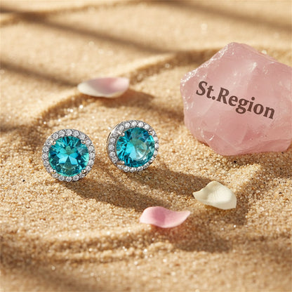 Blue Crystal and Cubic Zirconia Multicolor Halo Round Stud Earrings, stud earrings for women, detail close-up