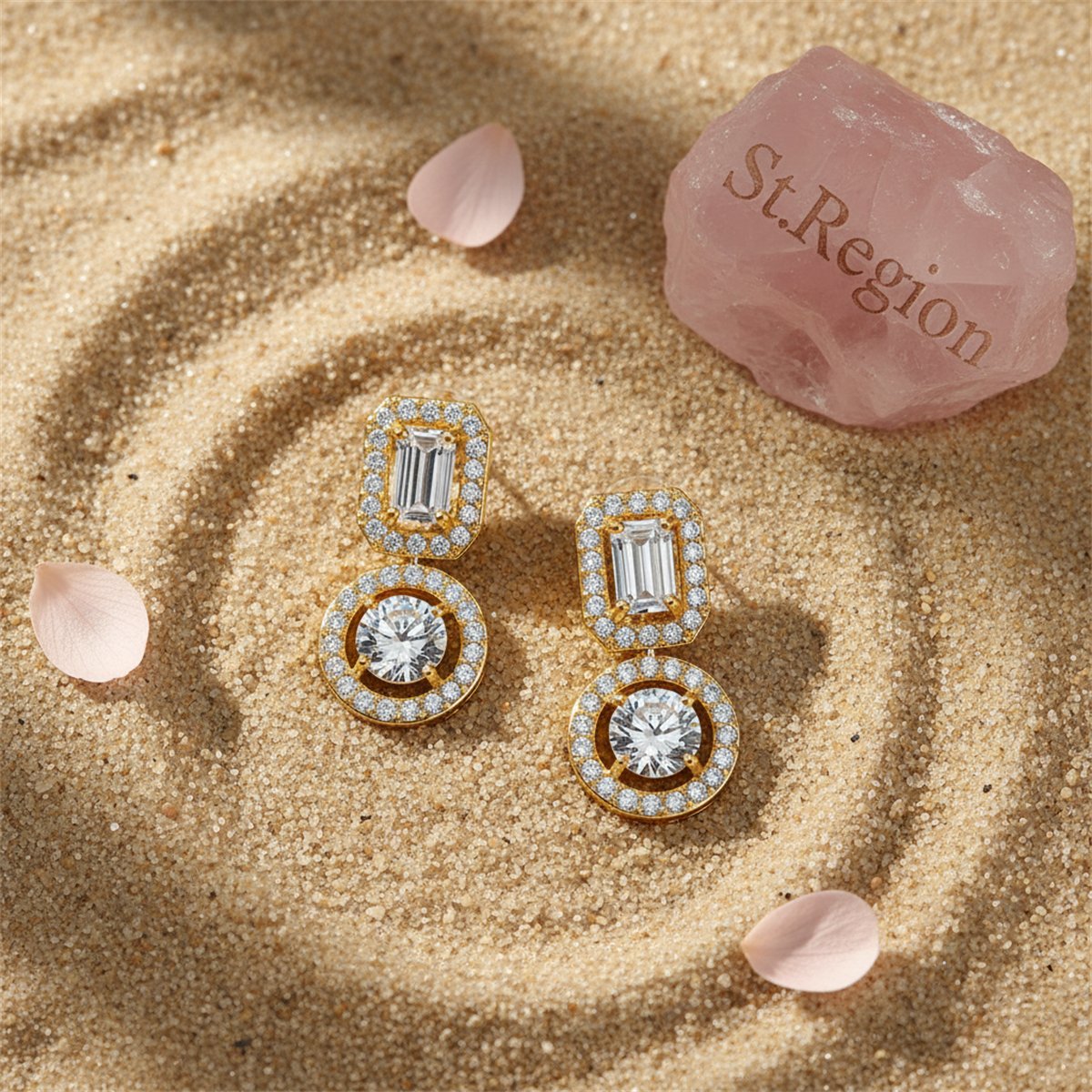 Crystal and Cubic Zirconia 18K Gold-Plated Geometric Round Drop Earrings, gold drop earrings for women, detail close-up