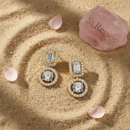 Crystal and Cubic Zirconia 18K Gold-Plated Geometric Round Drop Earrings, gold drop earrings for women, detail close-up