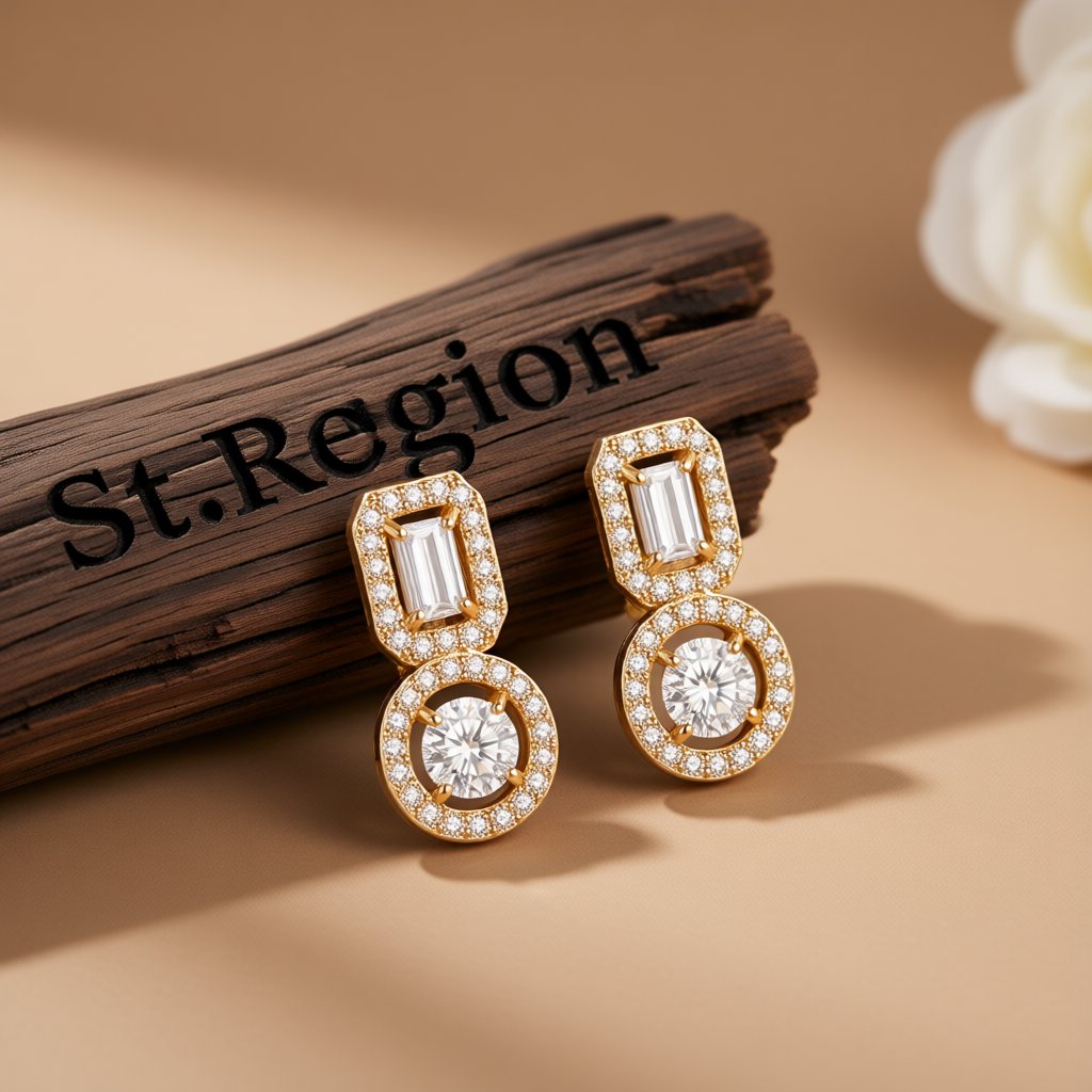 Crystal and Cubic Zirconia 18K Gold-Plated Geometric Round Drop Earrings, gold drop earrings for women, front view