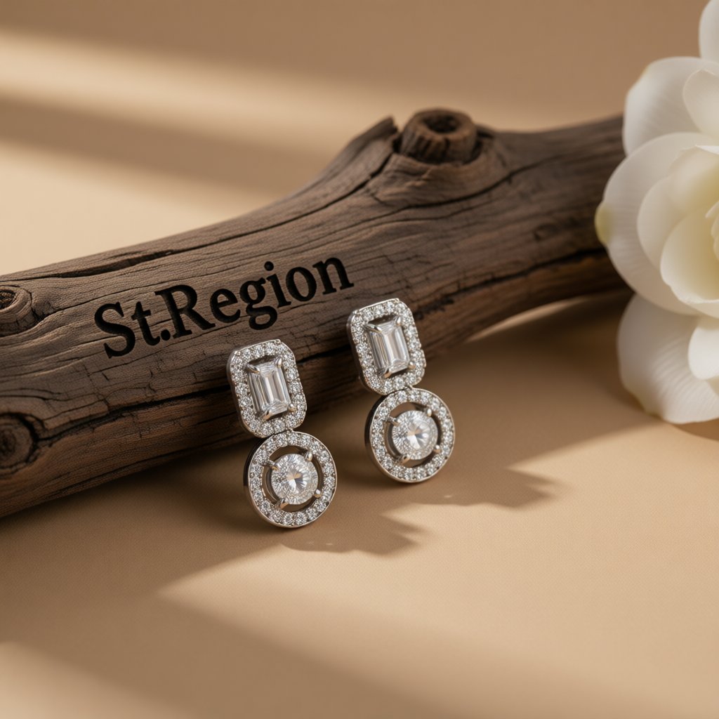 Crystal and Cubic Zirconia Rectangle Tiered Drop Earrings, drop earrings for women, botanical inspired, front view