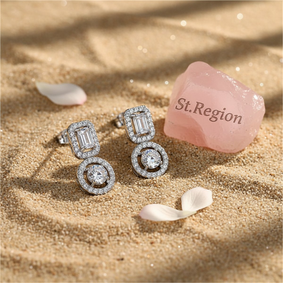 Crystal and Cubic Zirconia Rectangle Tiered Drop Earrings, drop earrings for women, botanical inspired, detail close-up