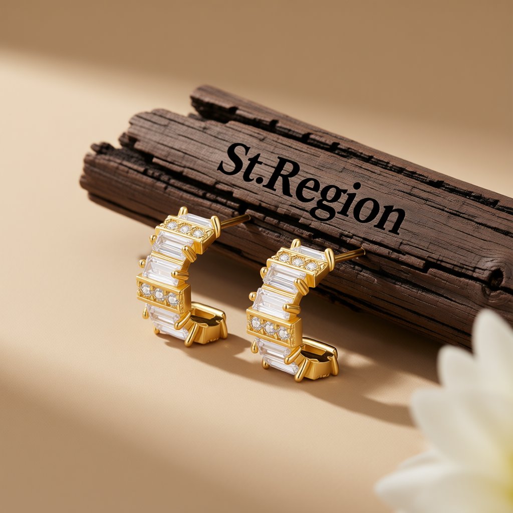 Cubic Zirconia and Crystal 18K Gold-Plated C-Shape Huggie Earrings, gold huggie earrings, vintage-inspired design, front view