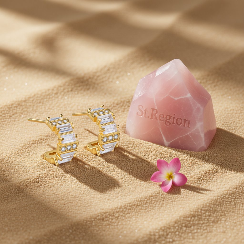 Cubic Zirconia and Crystal 18K Gold-Plated C-Shape Huggie Earrings, gold huggie earrings, detail close-up
