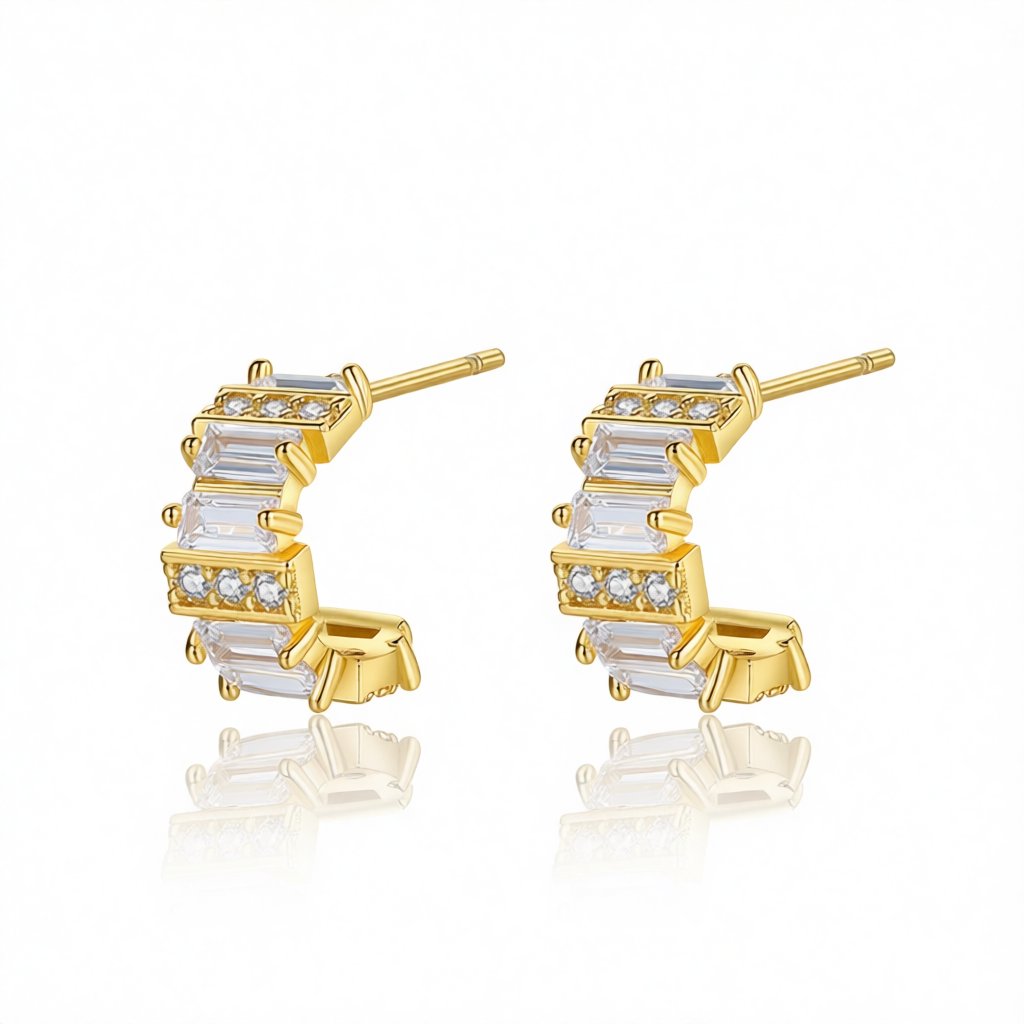 Cubic Zirconia and Crystal 18K Gold-Plated C-Shape Huggie Earrings, gold huggie earrings, vintage-inspired design, side view