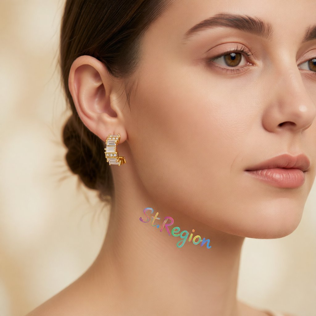 Cubic Zirconia and Crystal 18K Gold-Plated C-Shape Huggie Earrings, gold huggie earrings, styled look