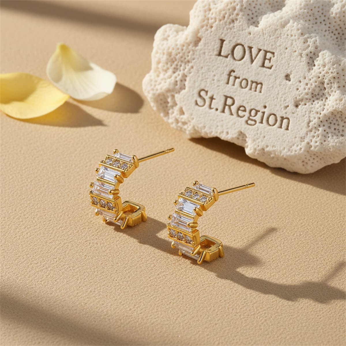 Cubic Zirconia and Crystal 18K Gold-Plated C-Shape Huggie Earrings, gold huggie earrings, lifestyle look