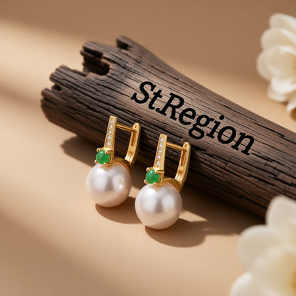 Jade and Pearl Cubic Zirconia 18K Gold-Plated Huggie Earrings, gold huggie earrings, everyday style, front view