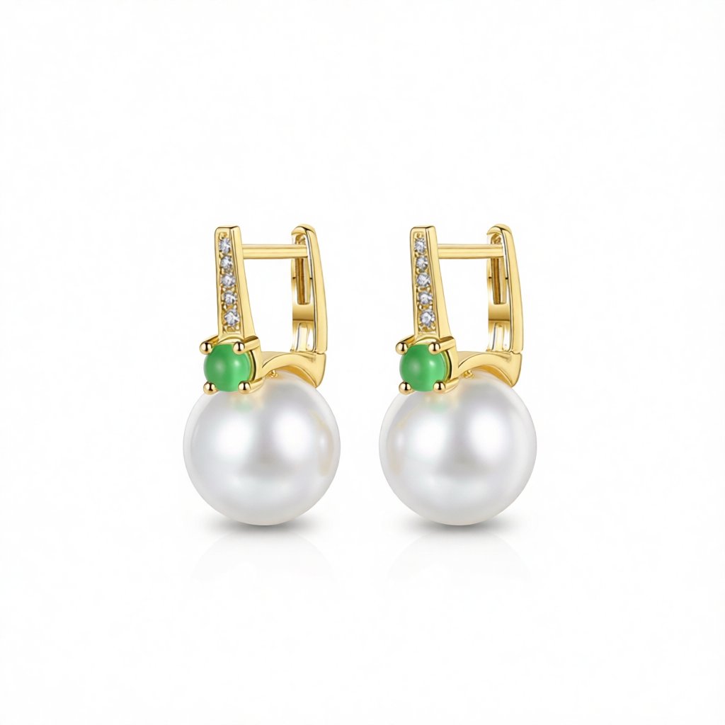 Jade and Pearl Cubic Zirconia 18K Gold-Plated Huggie Earrings, gold huggie earrings, everyday style, side view