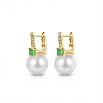 Jade and Pearl Cubic Zirconia 18K Gold-Plated Huggie Earrings, gold huggie earrings, everyday style, side view