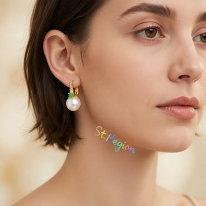 Jade and Pearl Cubic Zirconia 18K Gold-Plated Huggie Earrings, gold huggie earrings, everyday style, styled look
