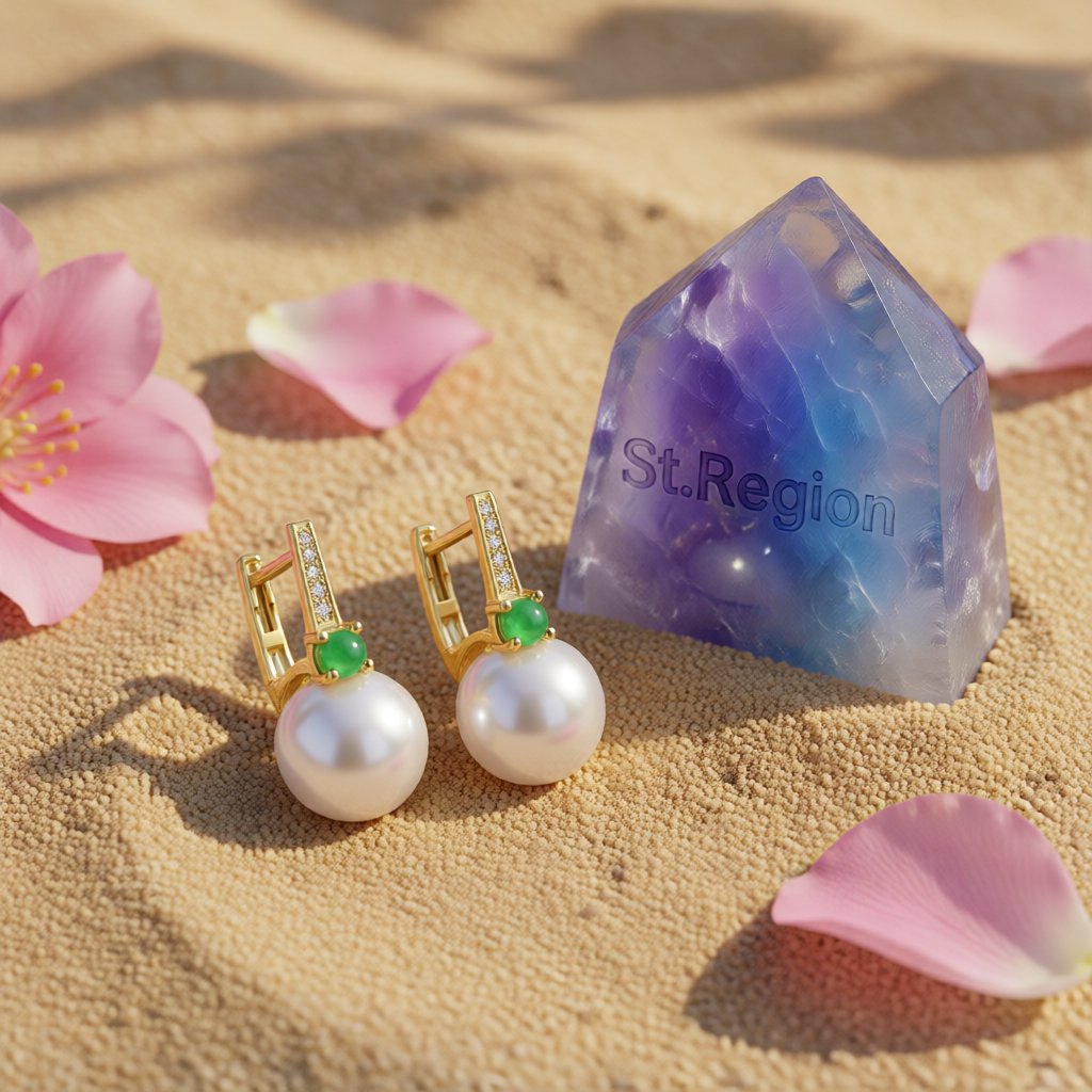 Jade and Pearl Cubic Zirconia 18K Gold-Plated Huggie Earrings, gold huggie earrings, everyday style, detail close-up